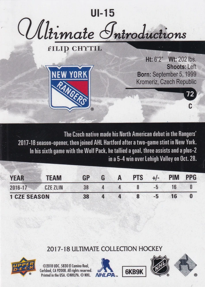 2017-18 UD Ultimate Collection - Filip Chytil - Ultimate Introductions #UI-15