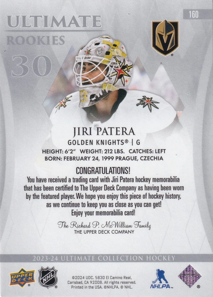 2023-24 UD Ultimate Collection - Jiří Patera - Ultimate Rookies Jersey /599 #160