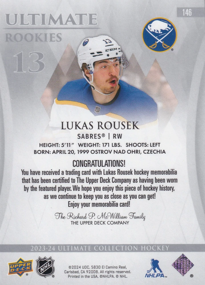 2023-24 UD Ultimate Collection - Lukáš Rousek - Ultimate Rookies Jersey /599 #146