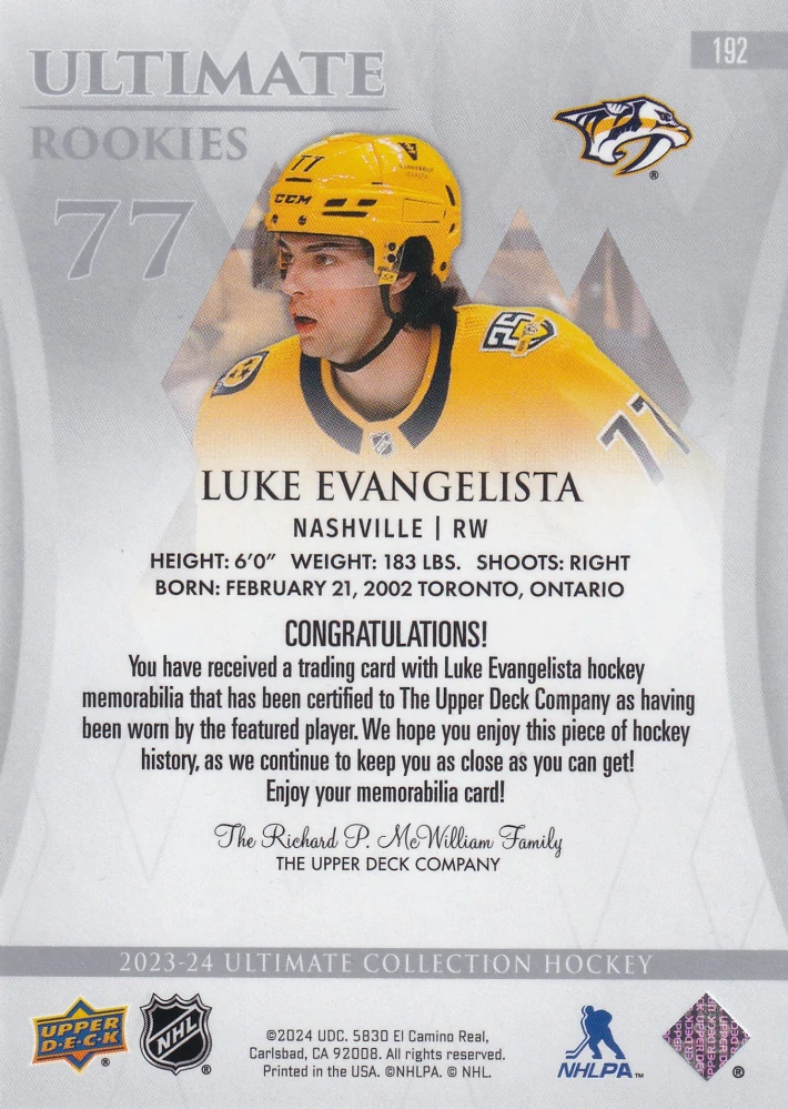 2023-24 UD Ultimate Collection - Luke Evangelista - Ultimate Rookies Jersey /599 #192