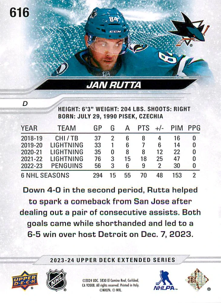 2023-24 UD Extended Series - Jan Rutta - Outburst #616
