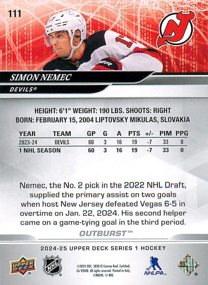 2024-25 UD Series 1 - Šimon Nemec - Outburst #111