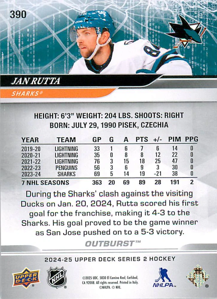 2024-25 UD Series 2 - Jan Rutta - Outburst #390