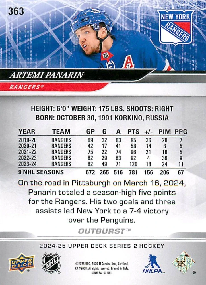 2024-25 UD Series 2 - Artemi Panarin - Outburst #363