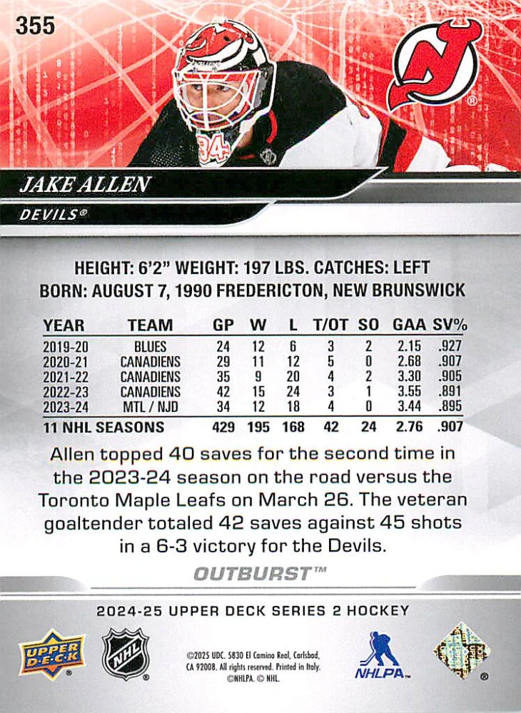 2024-25 UD Series 2 - Jake Allen - Outburst #355