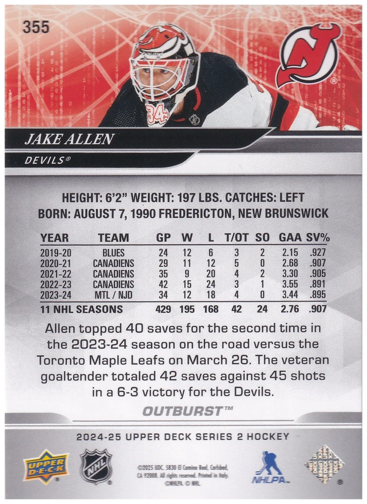 2024-25 UD Series 2 - Jake Allen - Outburst #355
