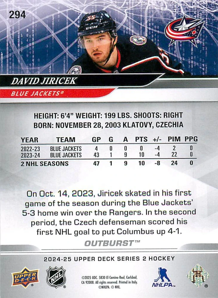 2024-25 UD Series 2 - David Jiříček - Outburst #294