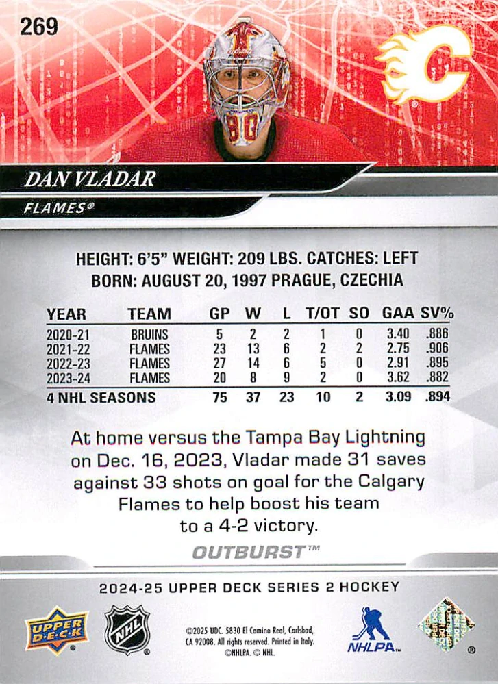 2024-25 UD Series 2 - Dan Vladař - Outburst #269