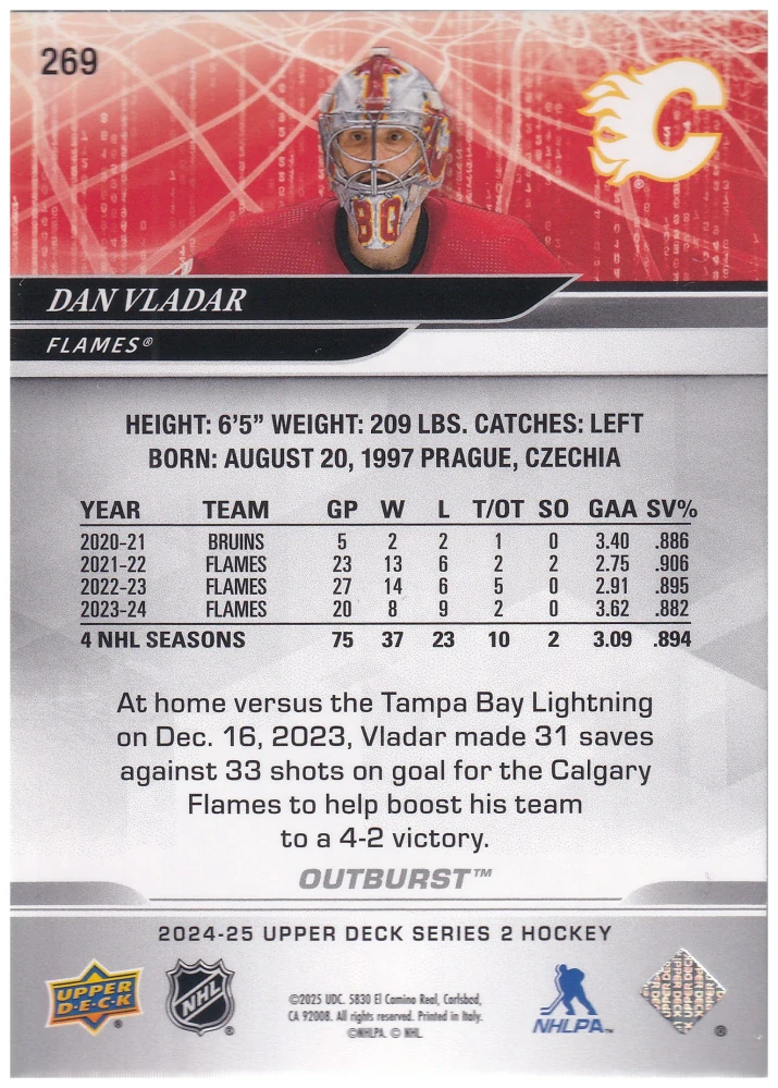 2024-25 UD Series 2 - Dan Vladař - Outburst #269