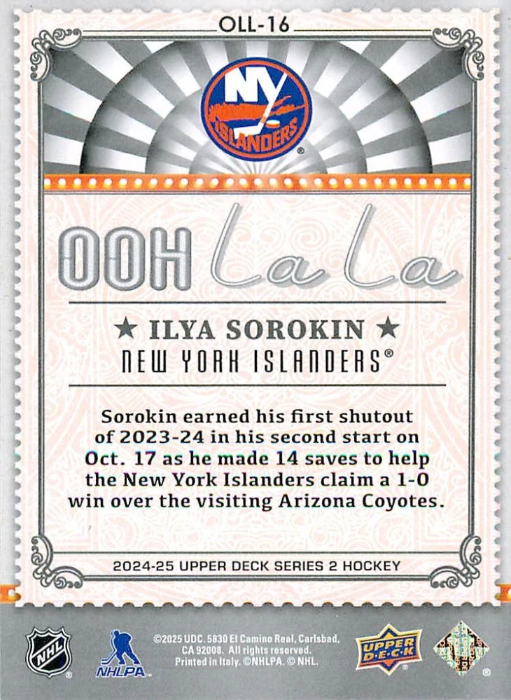 2024-25 UD Series 2 - Ilya Sorokin - Ooh La La #OLL-16