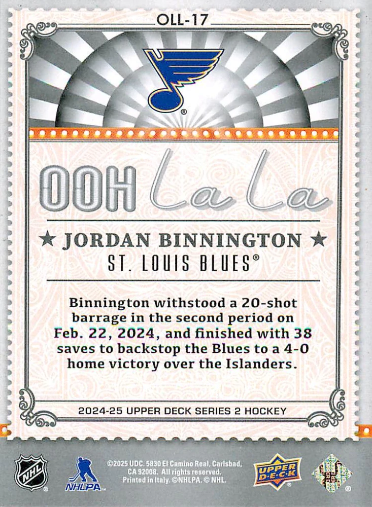 2024-25 UD Series 2 - Jordan Binnington - Ooh La La #OLL-17