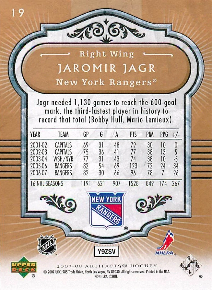 2007-08 UD Artifacts - Jaromír Jágr #19