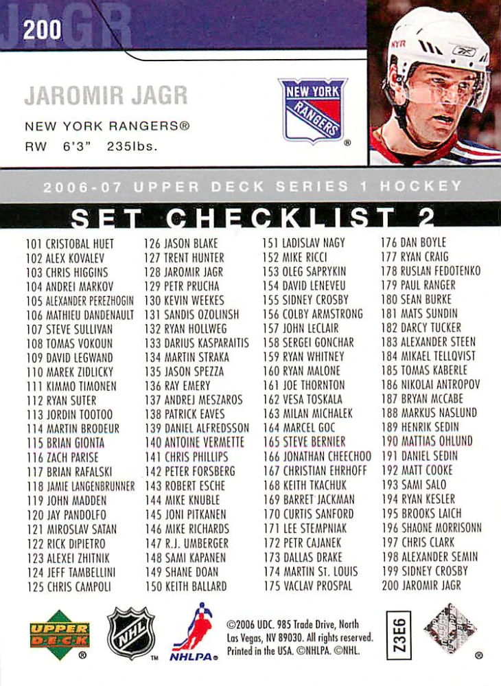 2005-06 UD Series 1 - Jaromír Jágr - Checklist #200