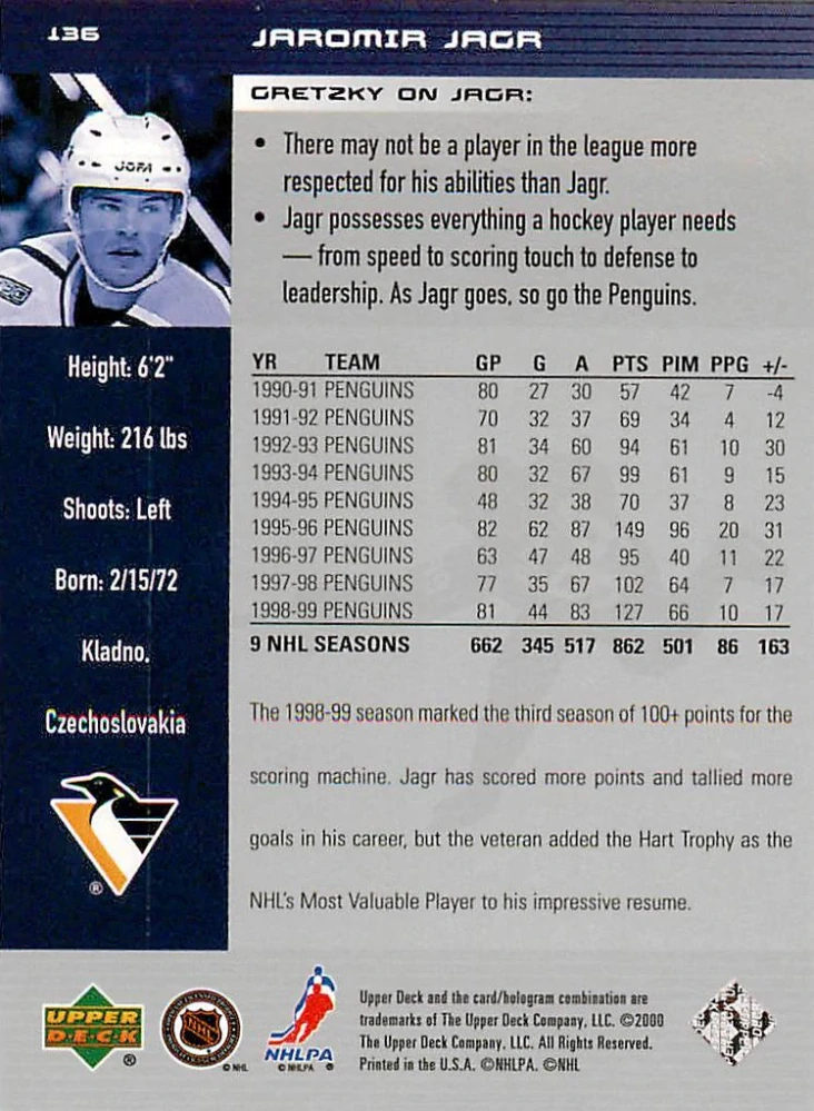 1999-00 UD Wayne Gretzky Hockey - Jaromír Jágr #136