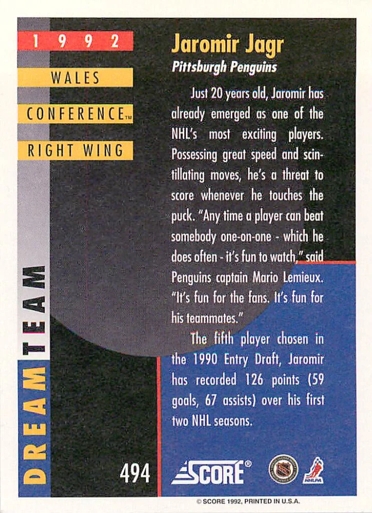 1992-93 Score - Jaromír Jágr - Dream Team #494