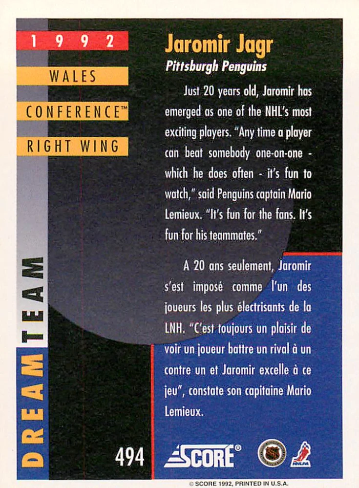 1992-93 Score Canadian - Jaromír Jágr - Dream Team #494