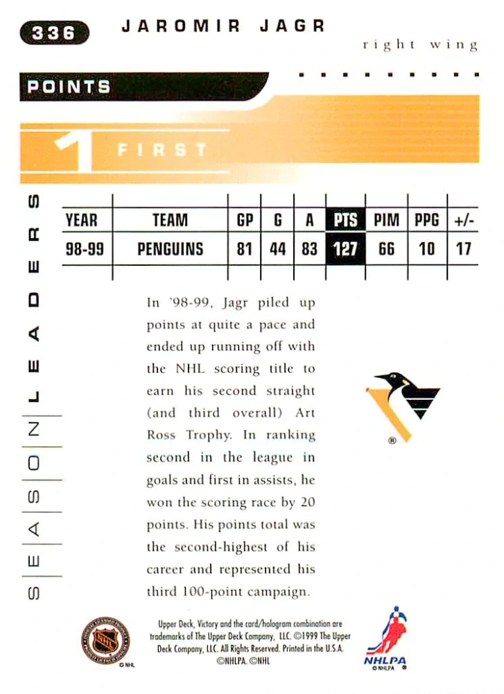 1999-00 UD Victory - Jaromír Jágr - Seasonal Leader - Points #336