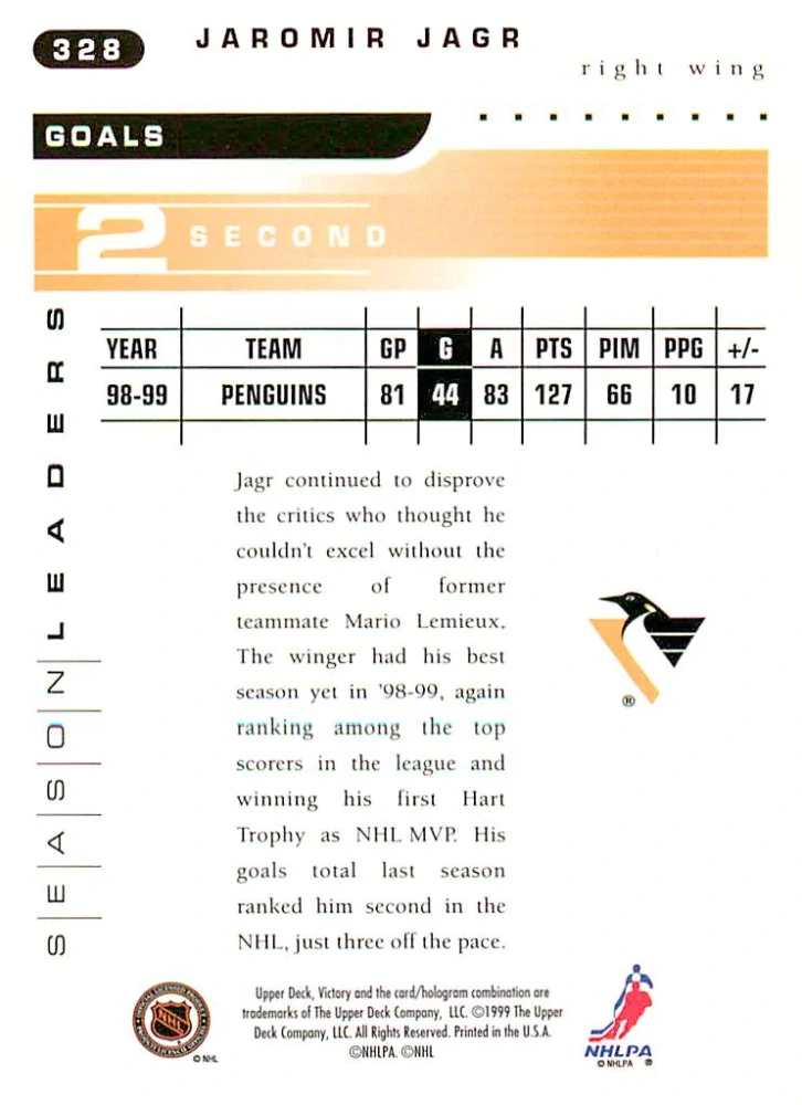 1999-00 UD Victory - Jaromír Jágr - Seasonal Leader - Goals #328
