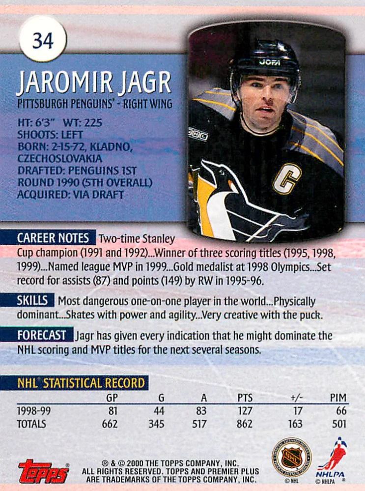 1999-00 Topps Premier Plus - Jaromír Jágr #34