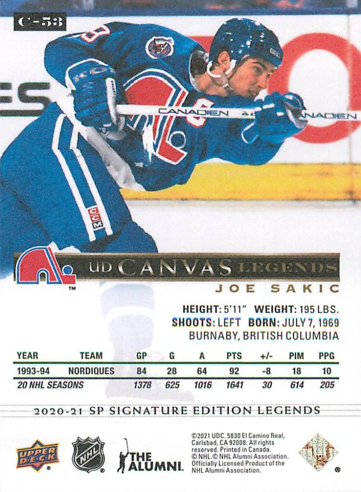 2020-21 UD SP Signature Edition Legends - Joe Sakic - Canvas #C-53