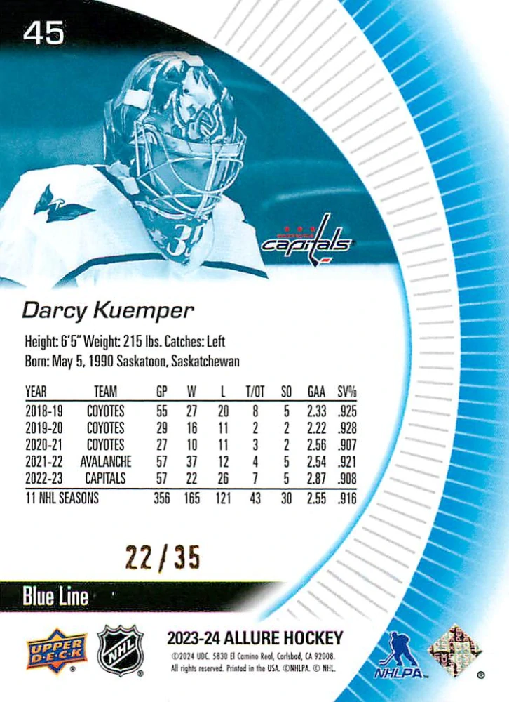 2023-24 UD Allure - Darcy Kuemper - Blue Line /35 #45