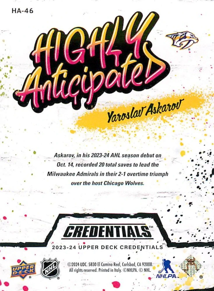 2023-24 UD Credentials - Yaroslav Askarov - Highly Anticipated #HA-46