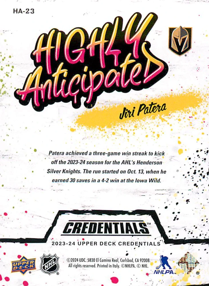 2023-24 UD Credentials - Jiří Patera - Highly Anticipated #HA-23
