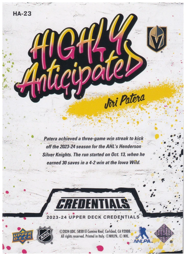 2023-24 UD Credentials - Jiří Patera - Highly Anticipated #HA-23