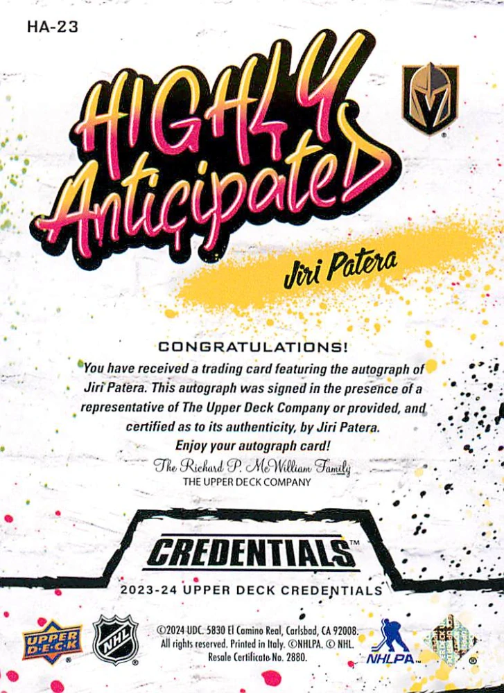 2023-24 UD Credentials - Jiří Patera - Highly Anticipated Autographs #HA-23
