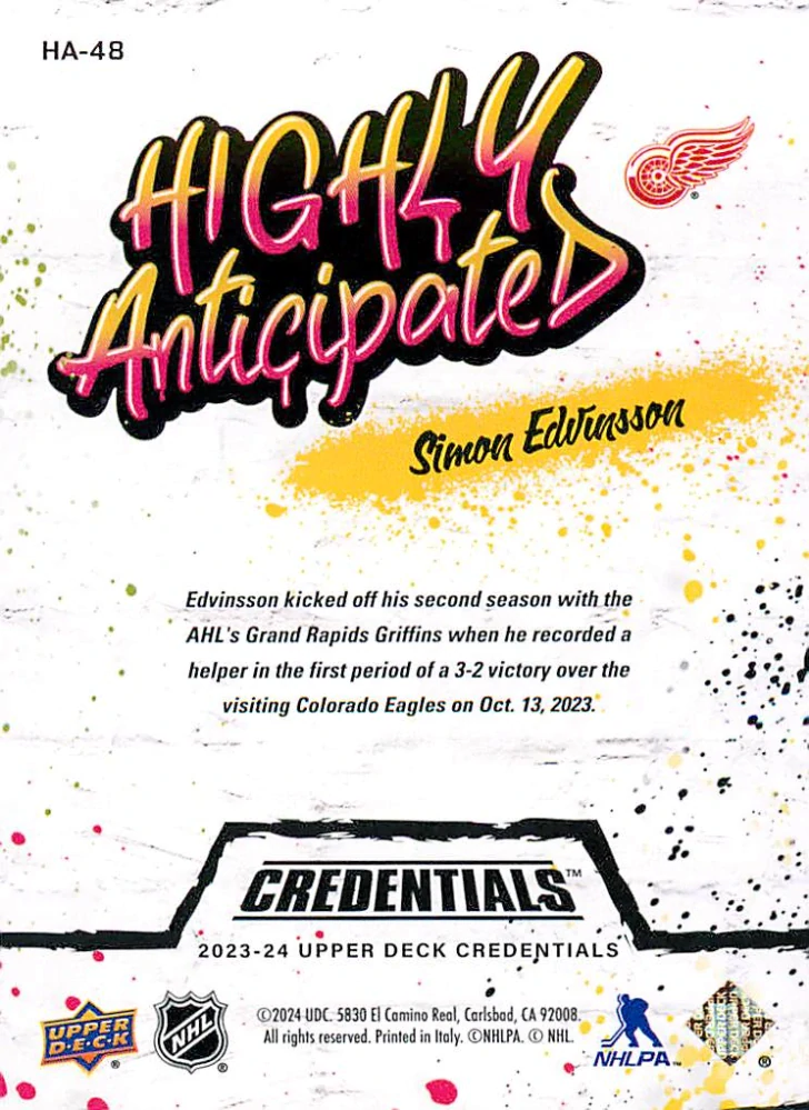 2023-24 UD Credentials - Simon Edvinsson - Highly Anticipated #HA-48