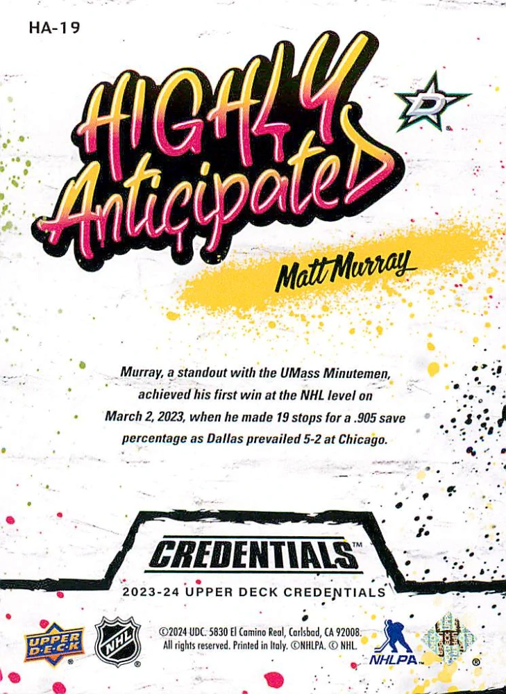 2023-24 UD Credentials - Matt Murray - Highly Anticipated #HA-19
