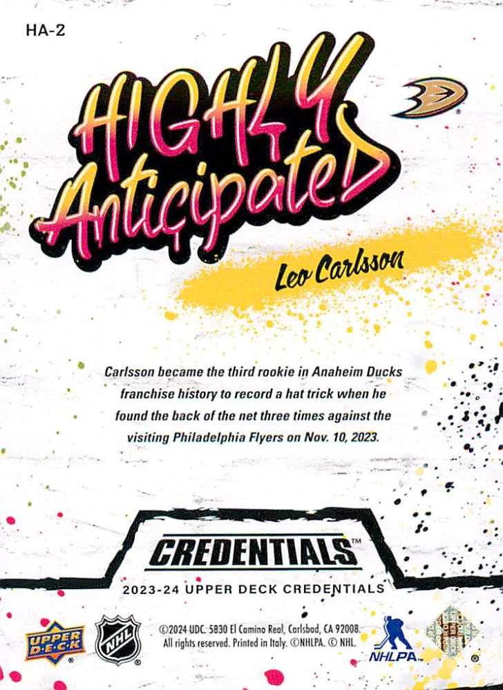 2023-24 UD Credentials - Leo Carlsson - Highly Anticipated #HA-2