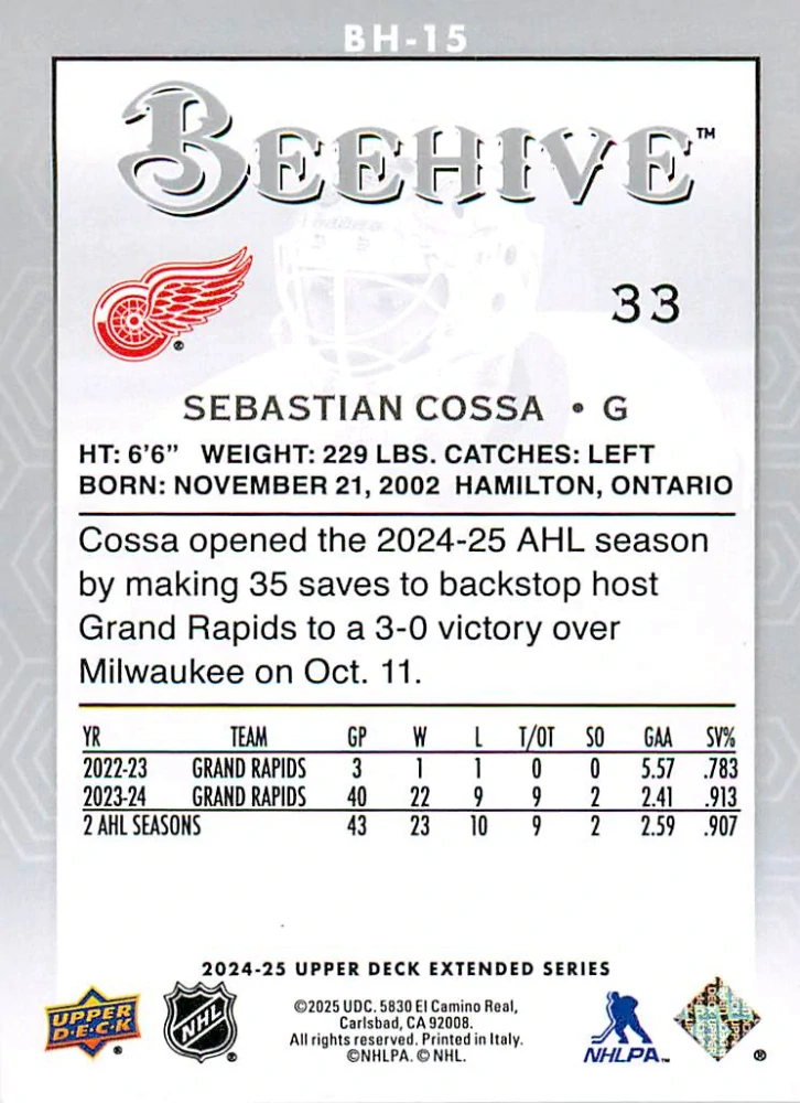 2024-25 UD Extended Series - Sebastian Cossa - Beehive #BH-15