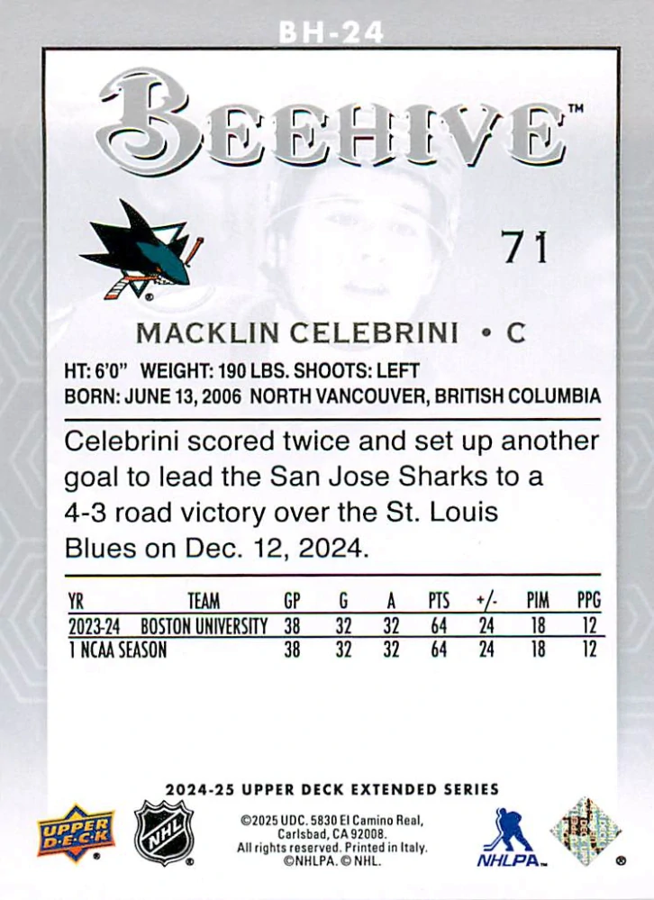 2024-25 UD Extended Series - Macklin Celebrini - Beehive #BH-24