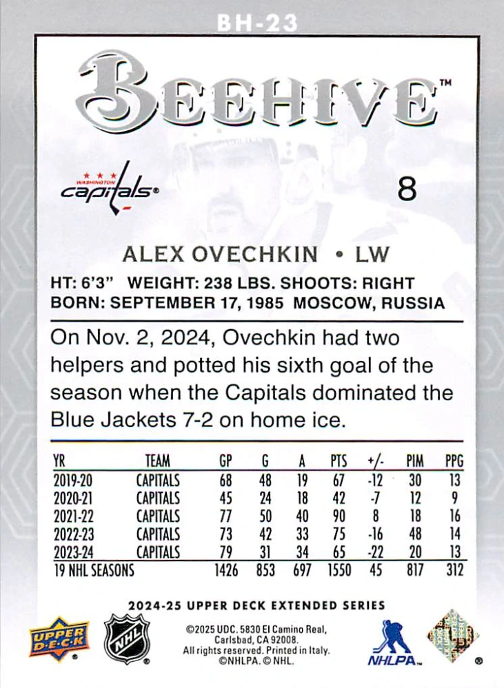 2024-25 UD Extended Series - Alex Ovechkin - Beehive #BH-23