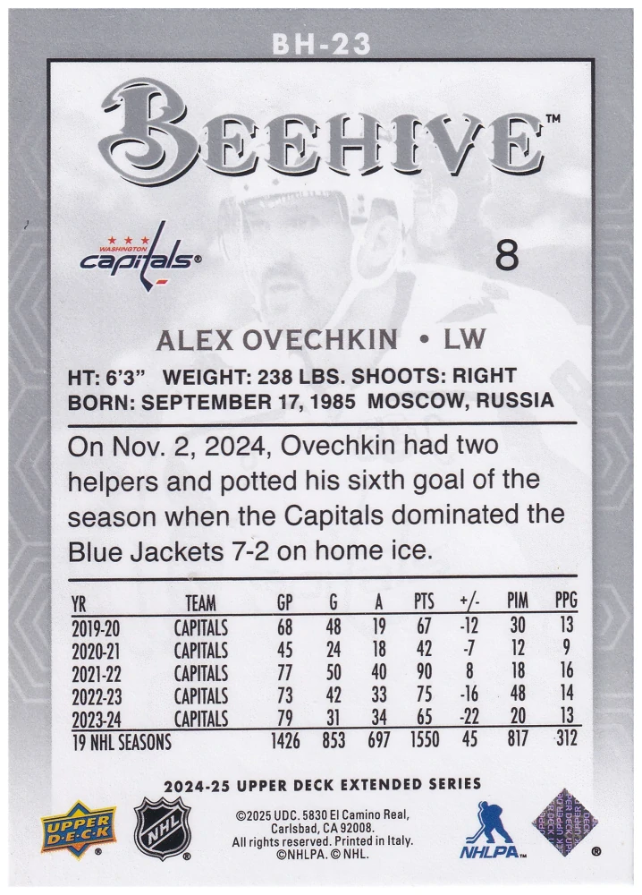 2024-25 UD Extended Series - Alex Ovechkin - Beehive #BH-23