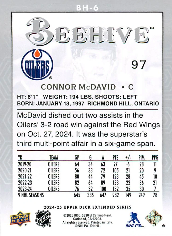 2024-25 UD Extended Series - Connor McDavid - Beehive #BH-6