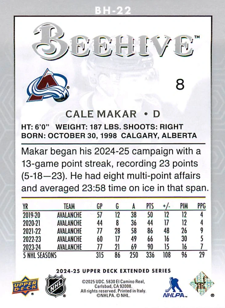 2024-25 UD Extended Series - Cale Makar - Beehive #BH-22