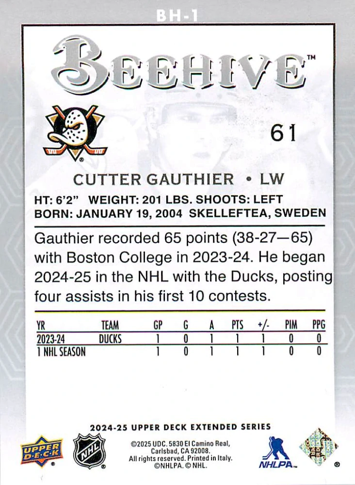 2024-25 UD Extended Series - Cutter Gauthier - Beehive #BH-1