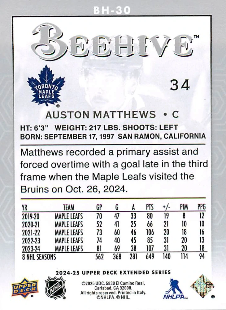 2024-25 UD Extended Series - Auston Matthews - Beehive #BH-30