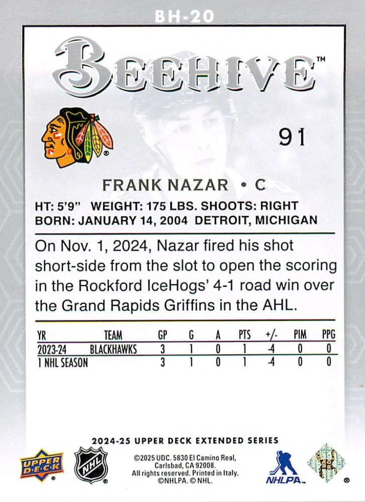 2024-25 UD Extended Series - Frank Nazar - Beehive #BH-20