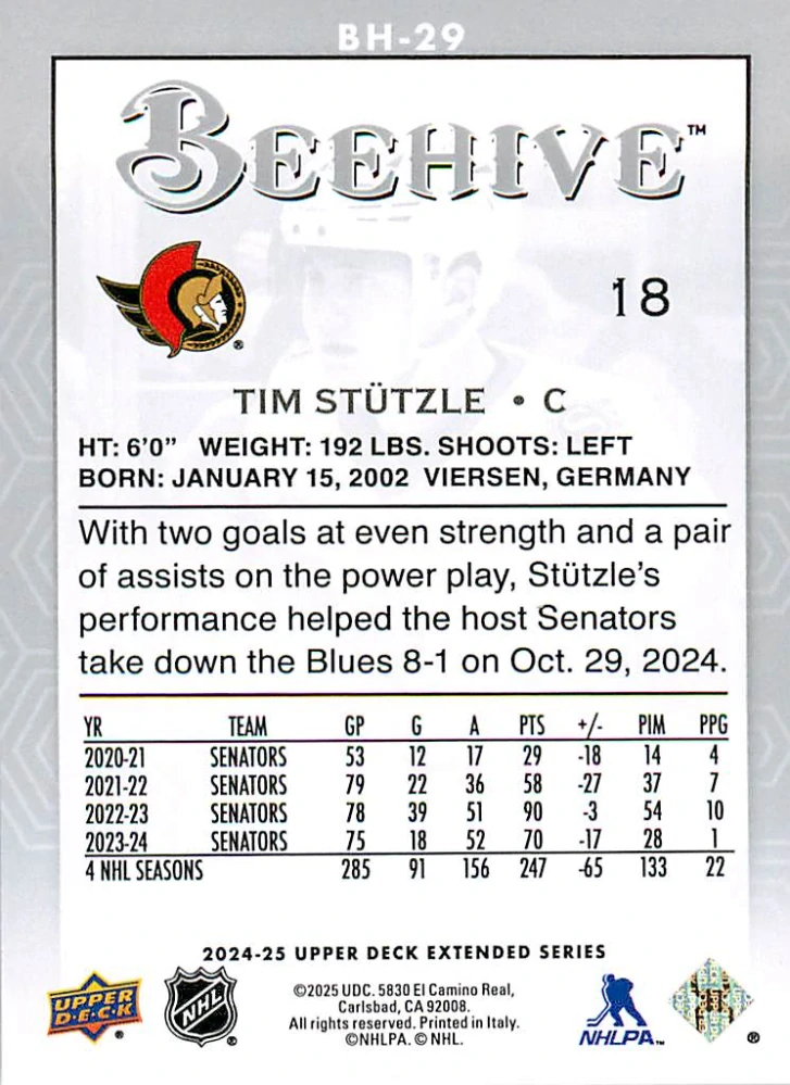 2024-25 UD Extended Series - Tim Stutzle - Beehive #BH-29