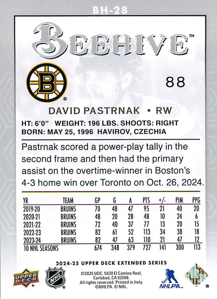 2024-25 UD Extended Series - David Pastrňák - Beehive #BH-28