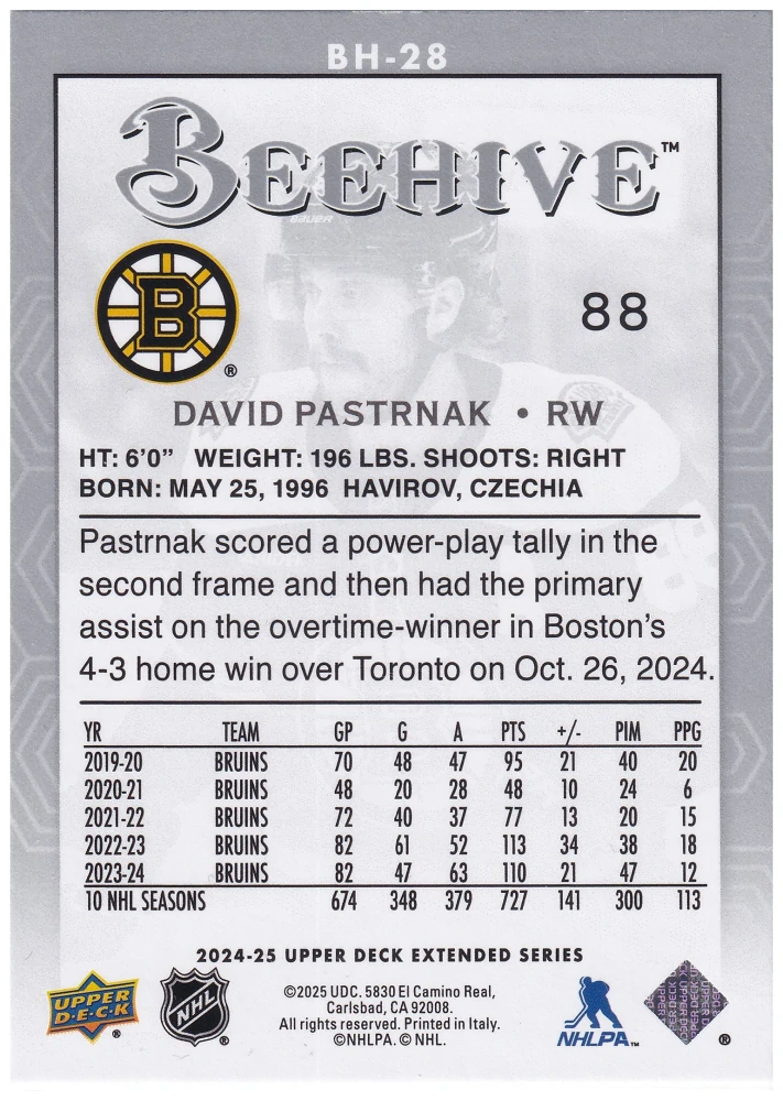 2024-25 UD Extended Series - David Pastrňák - Beehive #BH-28