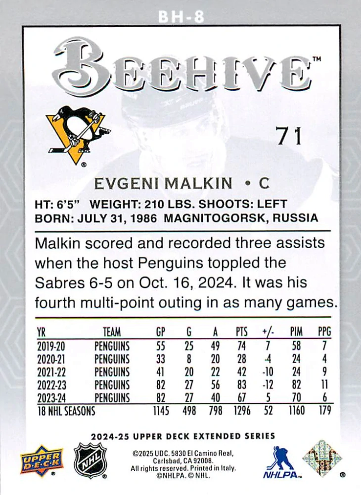 2024-25 UD Extended Series - Evgeni Malkin - Beehive #BH-8