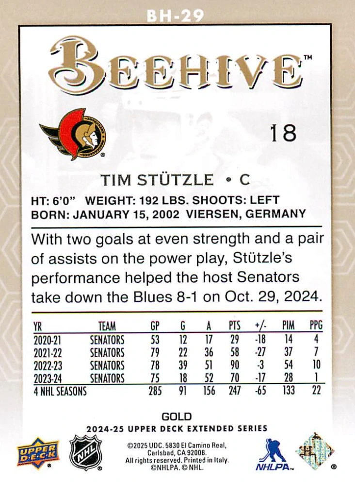 2024-25 UD Extended Series - Tim Stutzle - Beehive Gold #BH-29