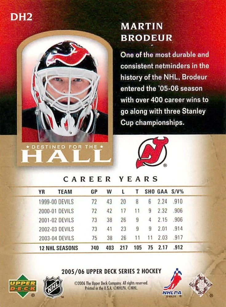 2005-06 UD Series 2 - Martin Brodeur - Destined For The Hall #DH2