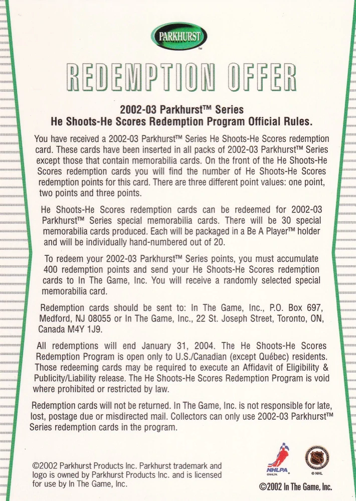 2002-03 ITG Parkhurst - Martin Brodeur - He Shoots He Scores (Redemption)