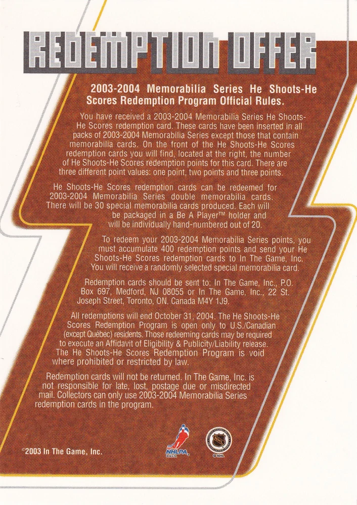 2003-04 ITG BaP Memorabilia - Martin Brodeur - He Shoots He Scores (Redemption)