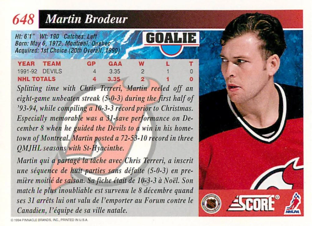 1993-94 Score - Martin Brodeur #648